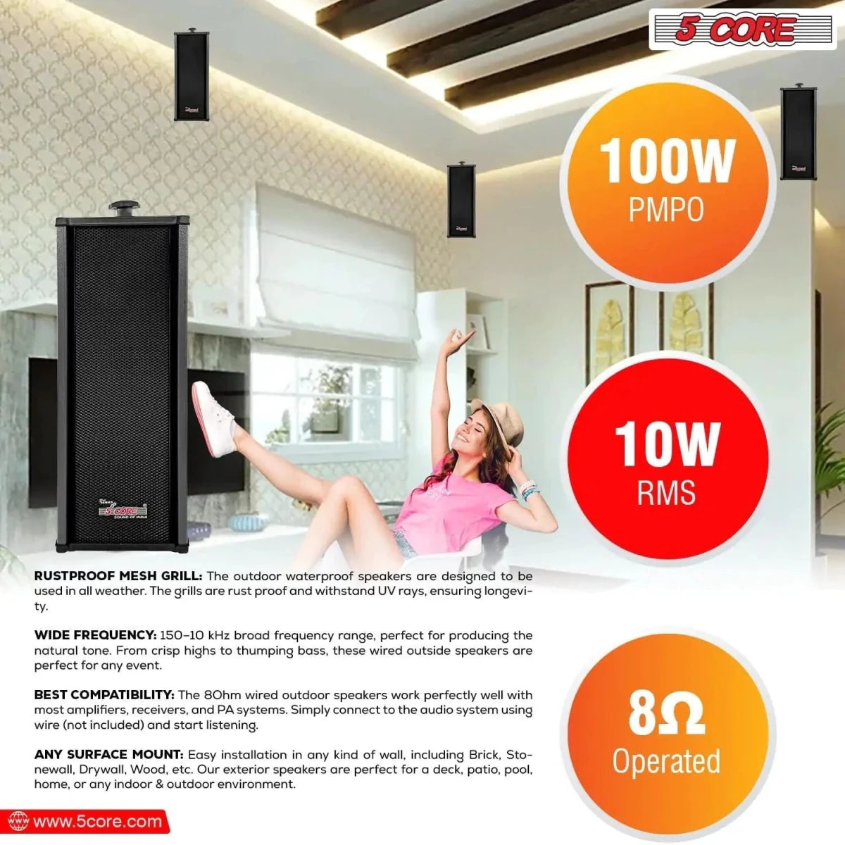 5Core 100W Indoor/Outdoor Stereo Speakers - DB AV Supplies
