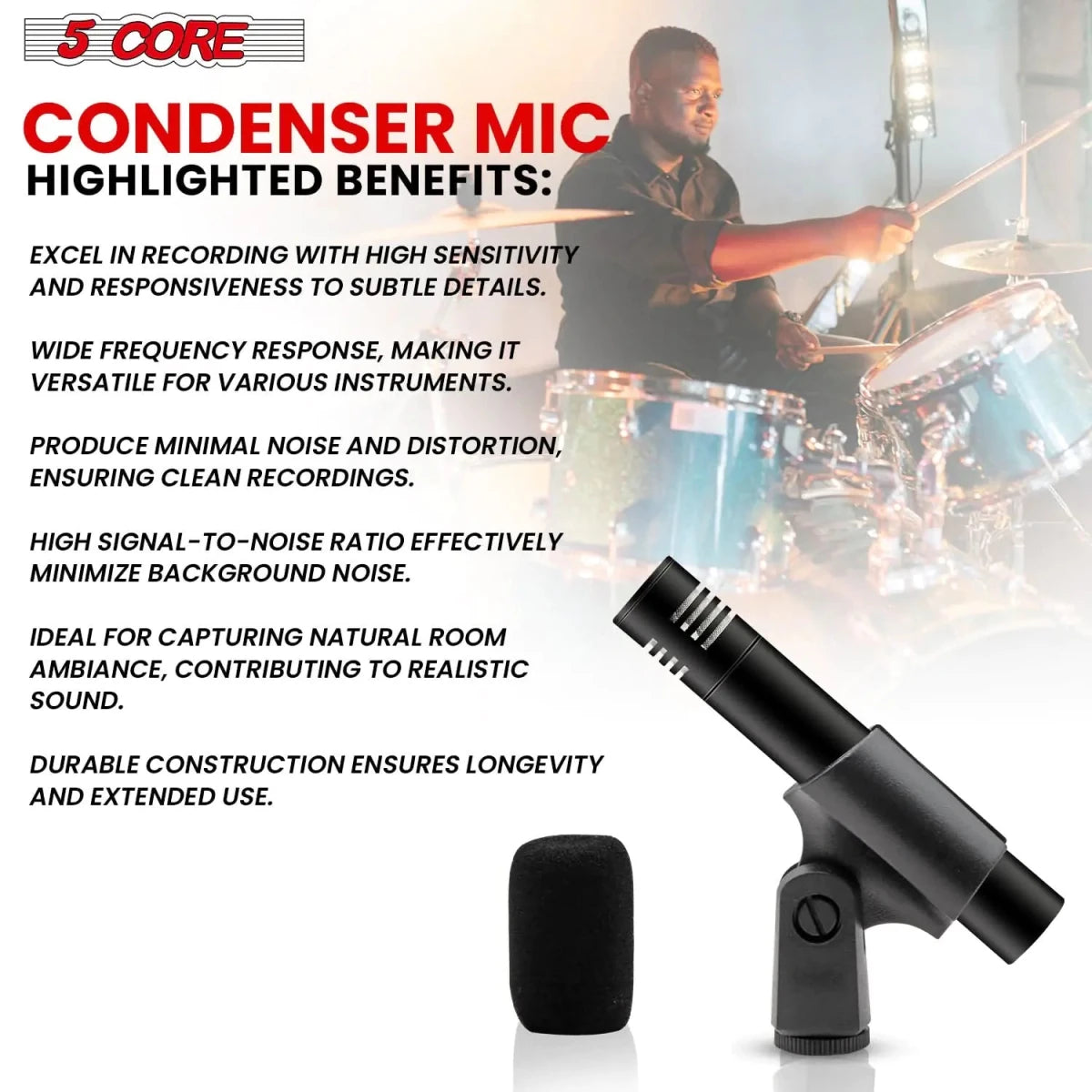 5Core Dynamic Instrument Microphone Professional XLR Cardioid Pencil Stick Condenser Mic - DB AV Supplies