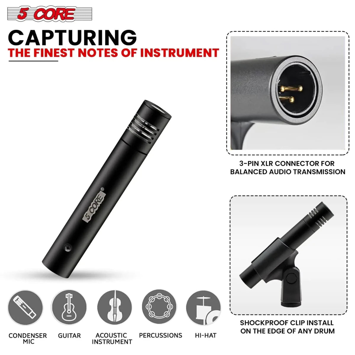 5Core Dynamic Instrument Microphone Professional XLR Cardioid Pencil Stick Condenser Mic - DB AV Supplies