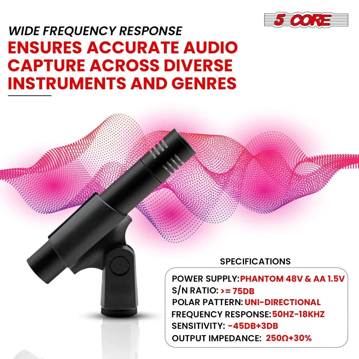 5Core Dynamic Instrument Microphone Professional XLR Cardioid Pencil Stick Condenser Mic - DB AV Supplies