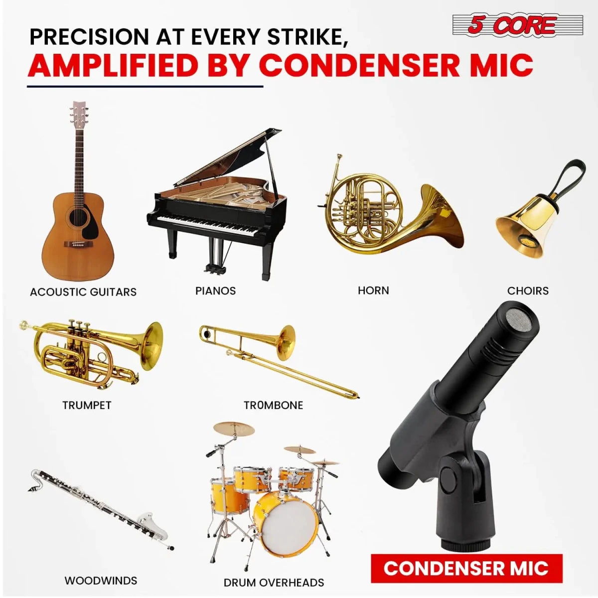 5Core Dynamic Instrument Microphone Professional XLR Cardioid Pencil Stick Condenser Mic - DB AV Supplies